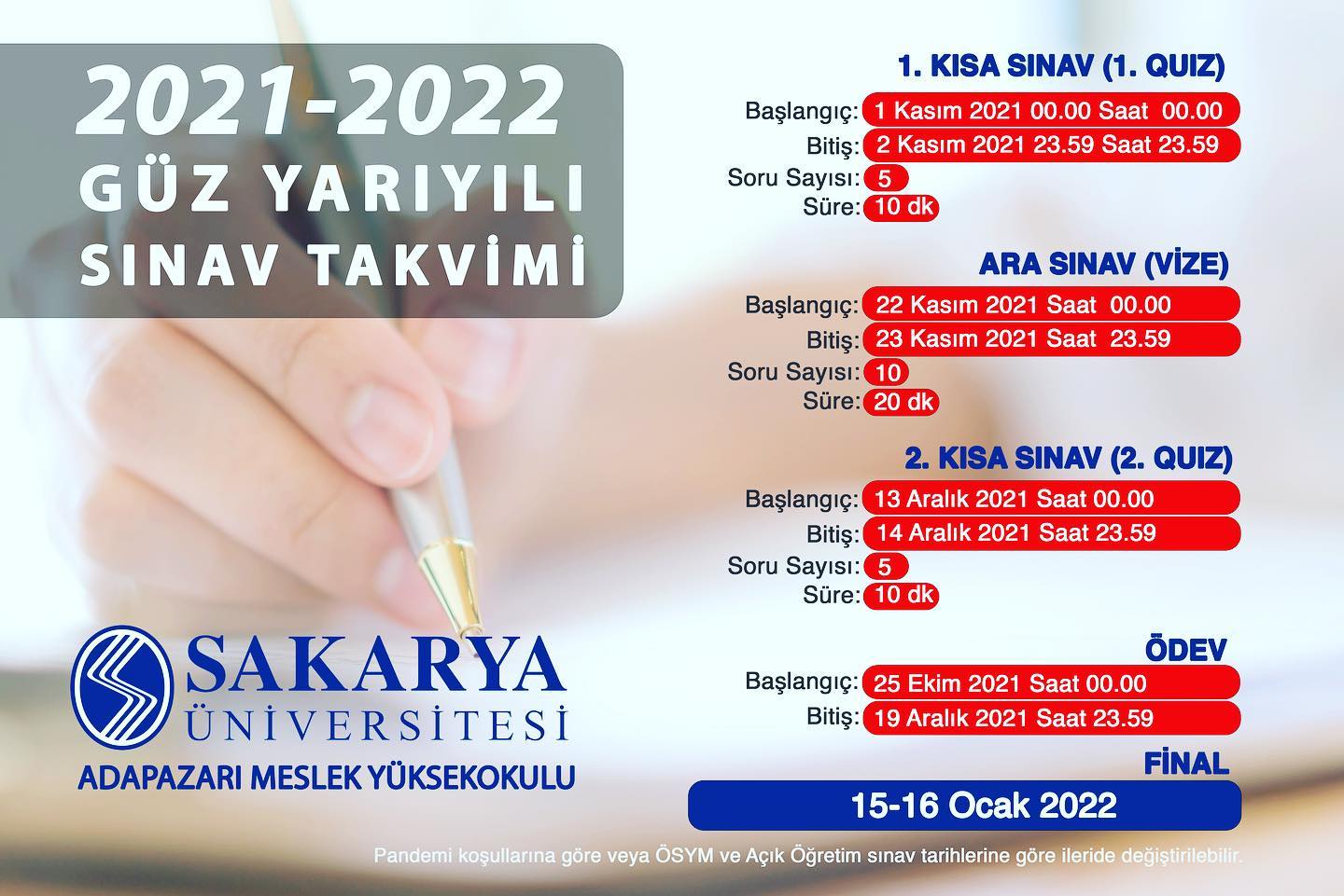 Sakarya Universitesi Duyuru 2021 2022 Guz Yariyili Sinav Takvim